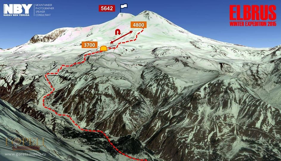 Маршрут зимнего восхождения израильского альпиниста на Эльбрус